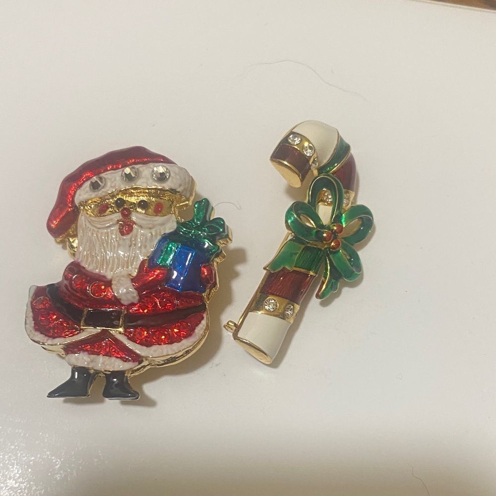 Festive Santa and Candy Cane Brooch Set
